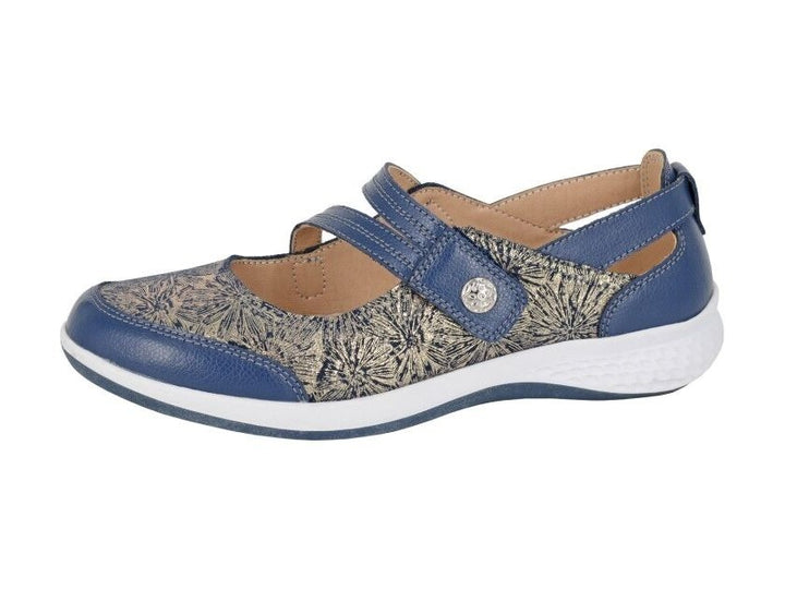 Boulevard L443 Ladies EEE Wide Fit Navy Leather Floral Detail Mary Jane Walking Shoes