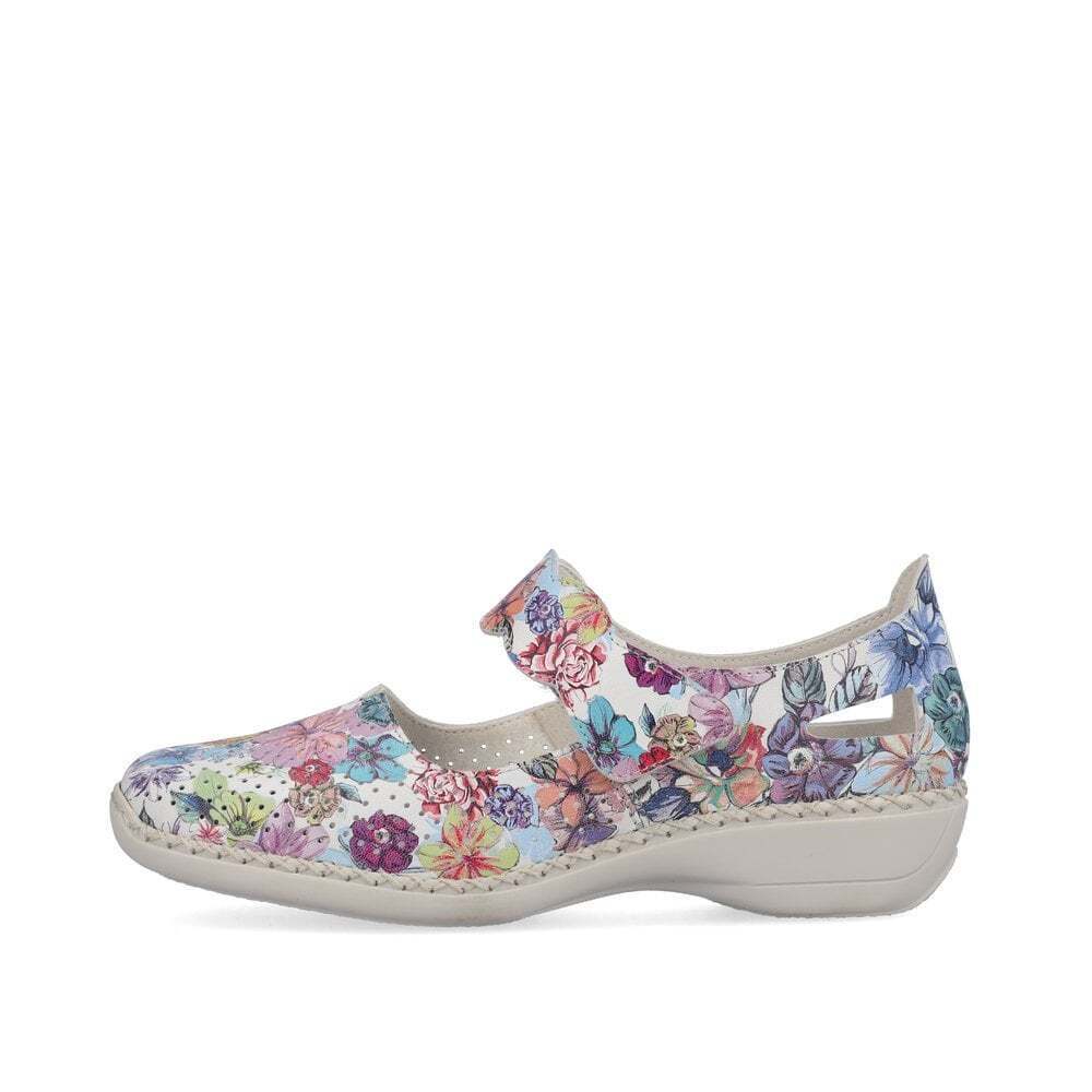 Rieker 413J2 Ladies Multi Floral Perforated Leather Mary Jane Wide Comfort Shoes