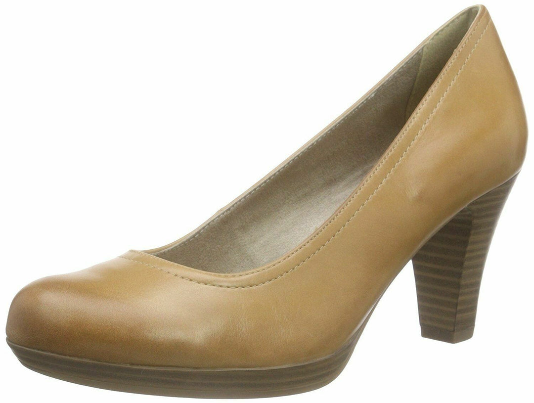 Tamaris 22410 Ladies Light Tan Leather High Heel Court Shoes With Platform For Office Airline Cabin Crew