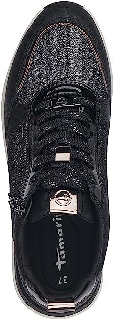 Tamaris 23732 Ladies Black/Pewter Vegan Lace/Zip Fastening Trainers With Removable Insole