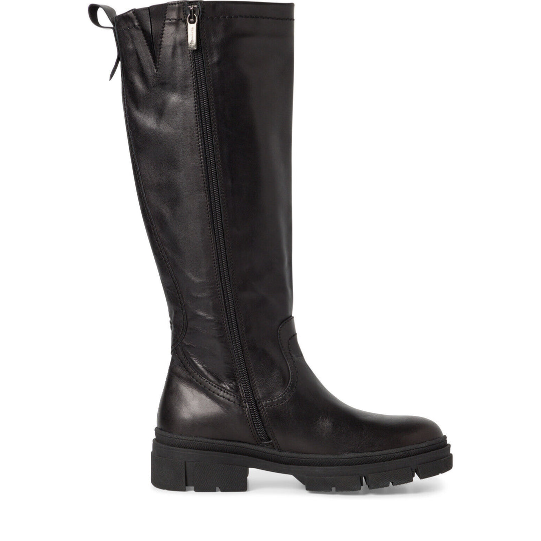 Tamaris 25622 Ladies Black Leather Chunky  Calf Length Boots With Touch It Footbed & Inside Zip Fastening