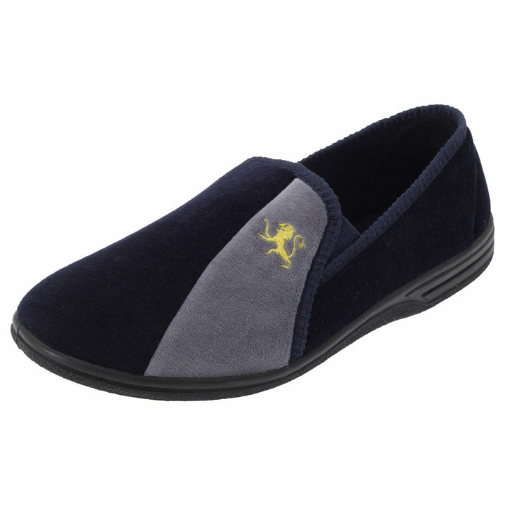 Zedzzz Aaron MS480 Mens Navy Blue Velour Lion Motif Twin Gusset Full Slippers