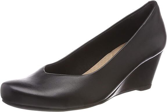 Clarks Flores Tulip Ladies Black Leather Slip On Cushioned Wedge Heel Court Shoe