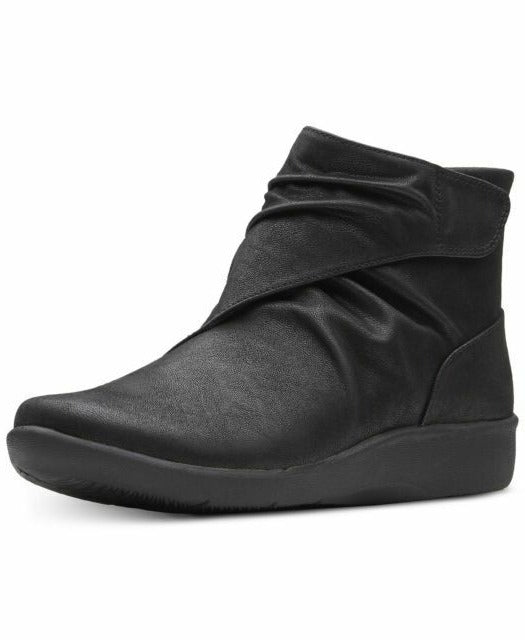 Clarks Cloudsteppers Sillian Tana Black Lightweight Zip Up Ruched Ankle Boots