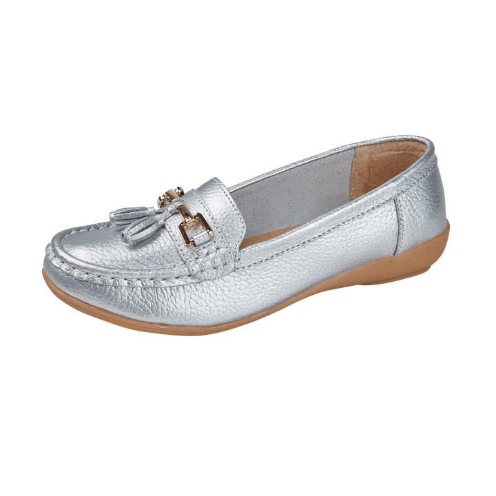 Nautical Womens Leather Slip On Summer Loafers Moccasin Tassel Flat Shoes Silver