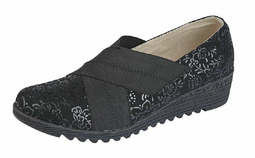 Boulevard L828 Black Floral Suede WIDE E FIT Elasticated Wedge Slip On Shoes