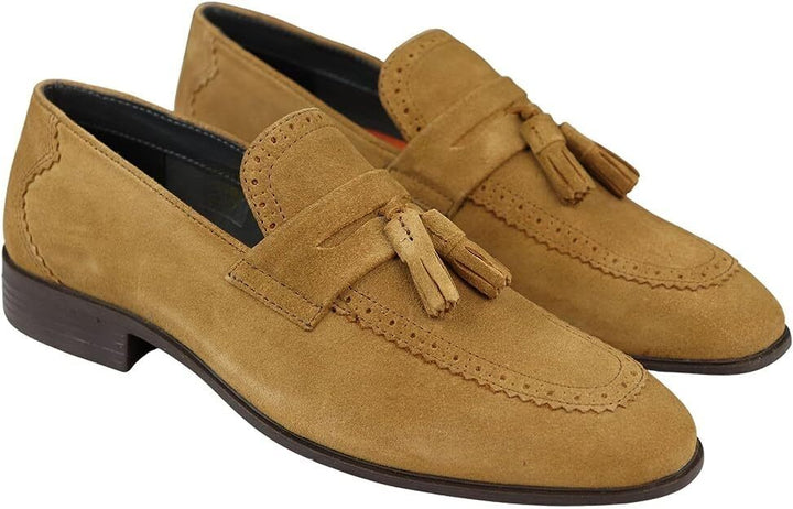 Frank Wright Palmer Mens Tan Suede Leather Tassel Slip On Brogue Detail Loafers