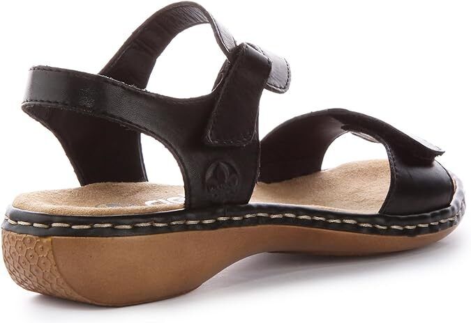 Rieker 659C7 Ladies Black Leather Low Wedge Double Touch Fasten Sandals