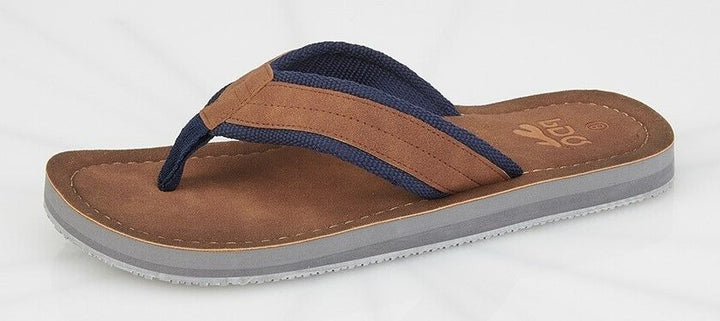 PDQ M641 Mens Brown & Navy Leather Look Toe Post Flip Flops Beach Sandals