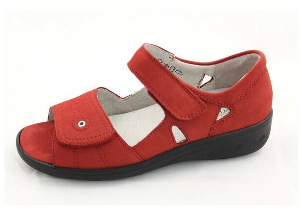 Waldlaufer Kara Ladies WIDE FIT Red Leather Nubuck Back In Sandals With Removable Insole