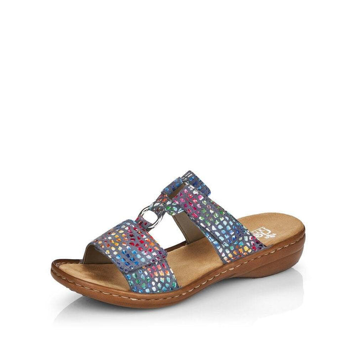 Rieker 608P9 Ladies Blue Multi Leather Double Touch Fasten Wide Fit Mule Sandals