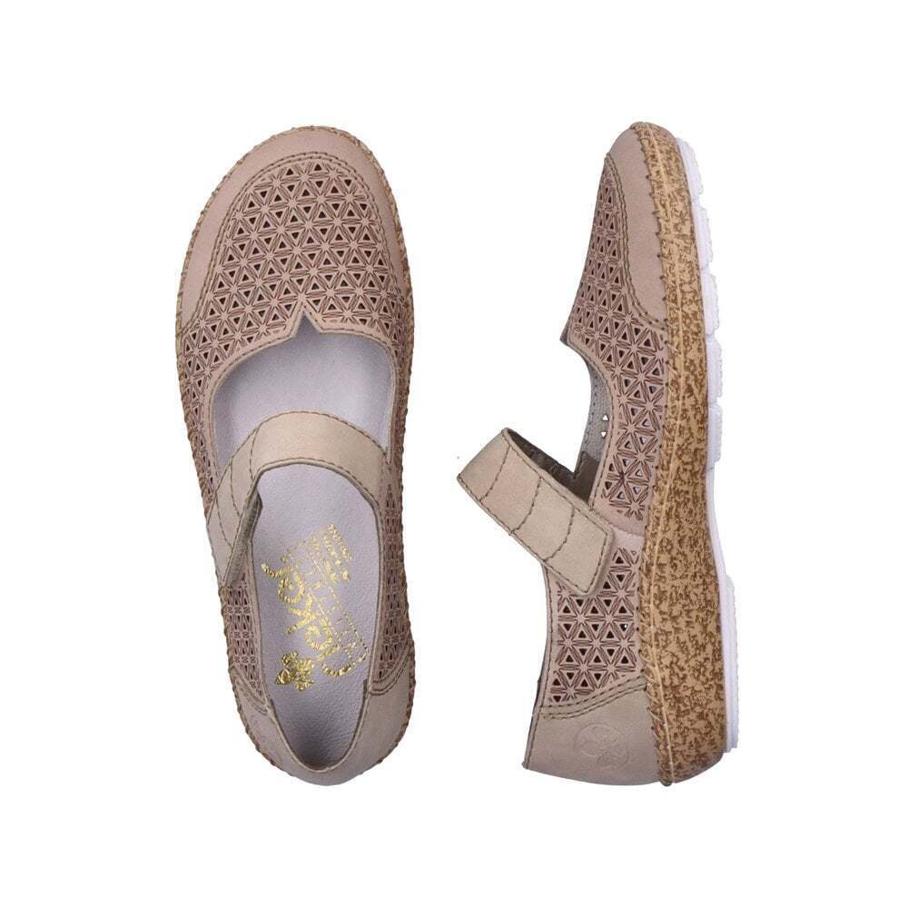 Rieker 44864 Wide Fit Ladies Beige Perforated Leather Mary Jane Strap Shoes