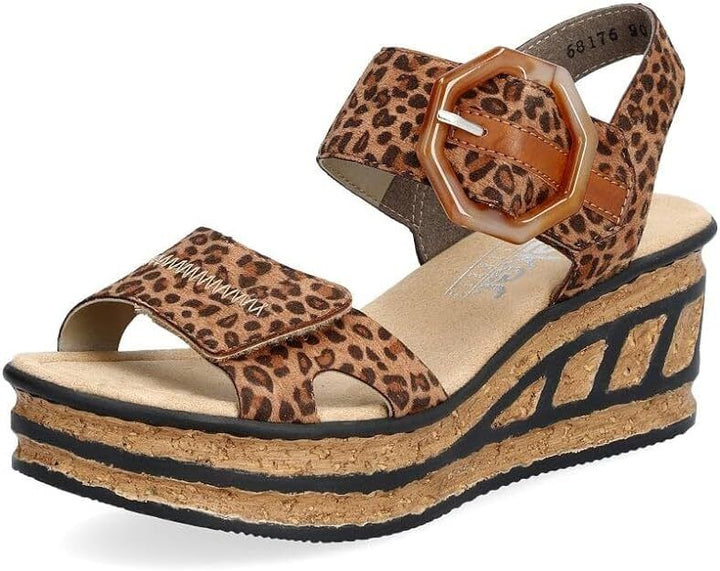 Rieker 68716 Ladies Brown Leopard Touch Fasten Mid Wedge Slingback Sandals