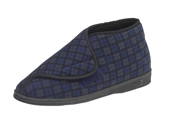 Comfylux James Mens WIDE FIT Blue Check Washable Open Out Slippers With Strap