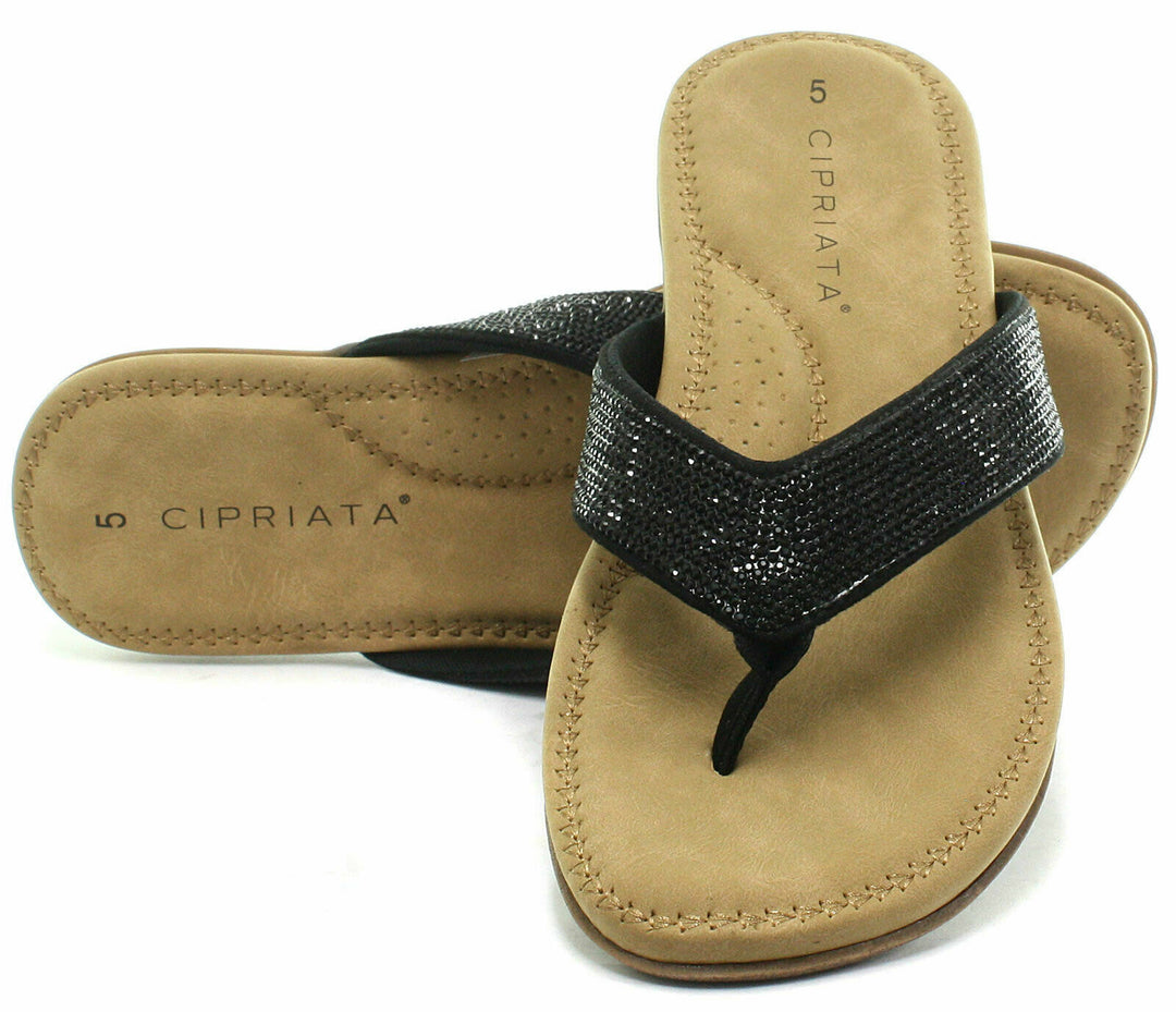 Cipriata Alcee L672 Ladies Black Diamante Cushioned Toe Post Flip Flop Sandals