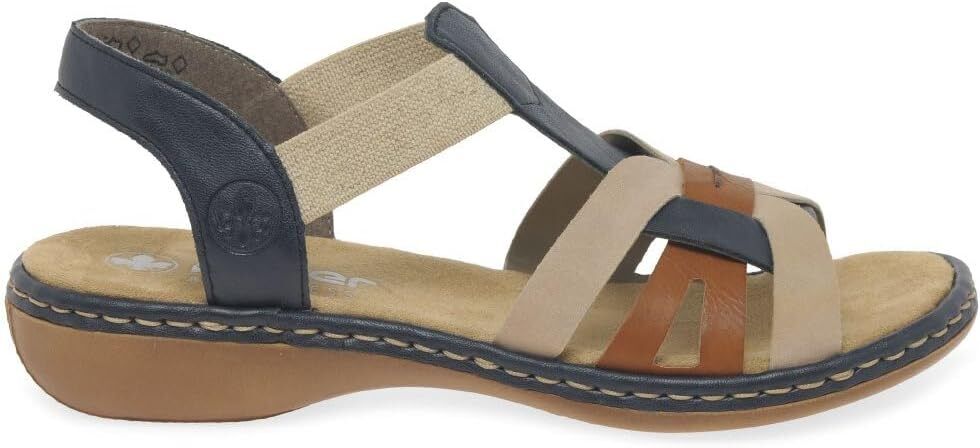 Rieker 65918 Ladies Navy/Tan/Beige Low Wedge Elasticated Slingback Sandals