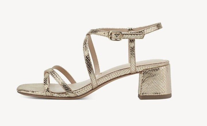 Tamaris 28204 Ladies Vegan Gold Snake Print Block Heel Crossover Strap Sandals