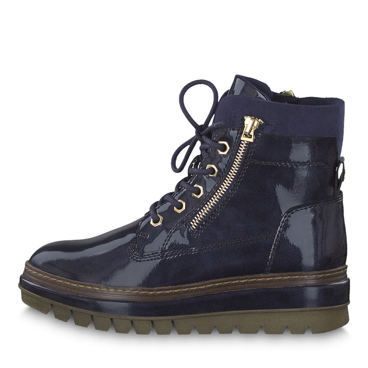 Tamaris 25223 Navy Blue Patent Chunky Sole Zip & Lace Up Ankle Chukka Boots