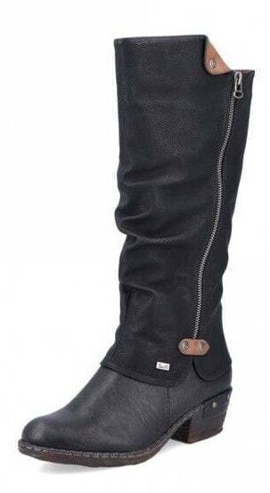 Rieker 93655 Ladies Water Resistant Black Ruched Double Zip Fasten Lambs Wool Lined Calf Boots