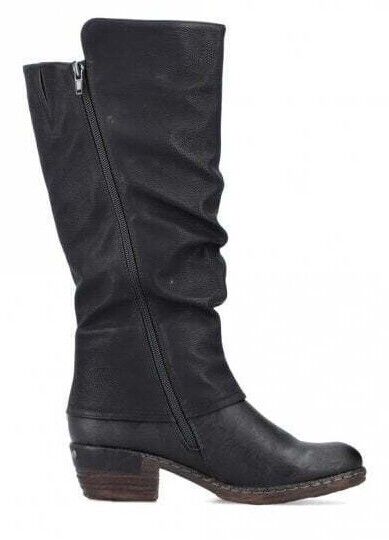 Rieker 93655 Ladies Water Resistant Black Ruched Double Zip Fasten Lambs Wool Lined Calf Boots