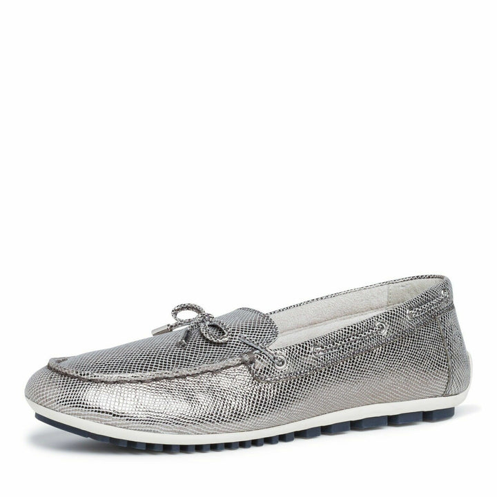 Tamaris 24603 Ladies Silver Snake Print Leather Moccasin Loafers/ Driving Shoes With Leather Cushion Insole