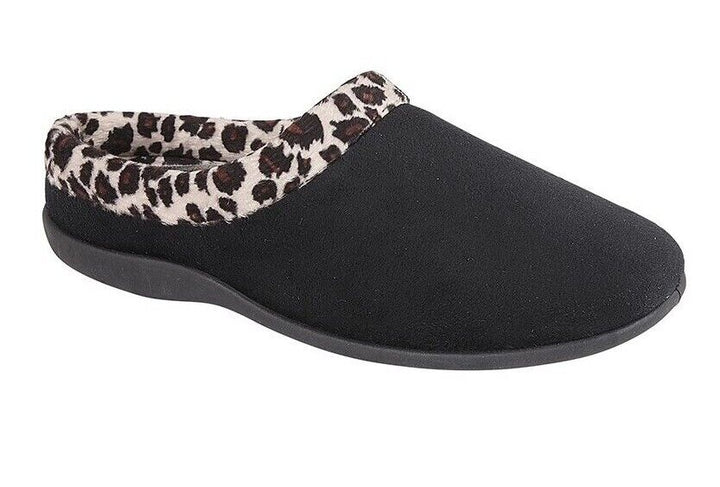 Sleepers LS801 Ladies Black Velour With Leopard Print Trim Memory Foam Mule Slippers