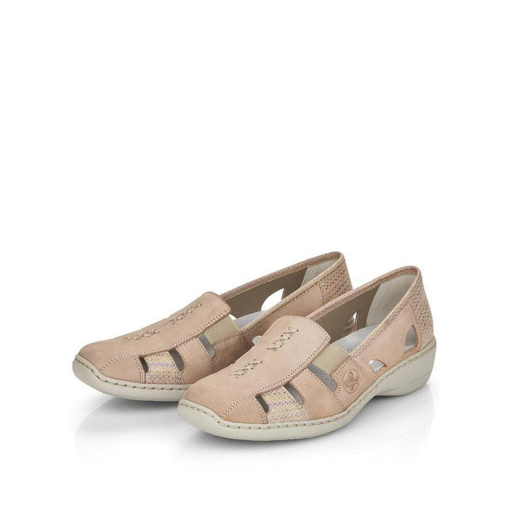 Rieker 41385 Ladies Beige Leather Nubuck Elasticated Gusset Slip On Shoes