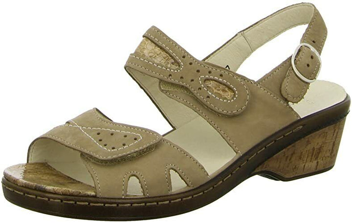 Waldlaufer Hetta Ladies WIDE FIT Beige Nubuck Leather Wedge Orthotic Sandals