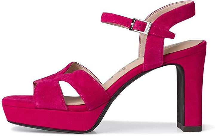 Tamaris 28309 Ladies Hot Fuxia Pink Suede Open Toe Buckle Fasten Party Block Heel Sandals 28309