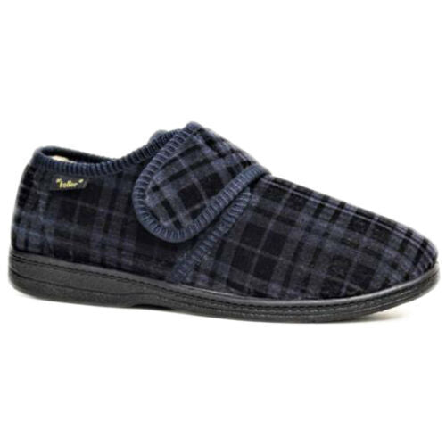 Dr Keller Donald Mens WIDE FIT Navy Check Velour Touch FastenFur Lined Slippers