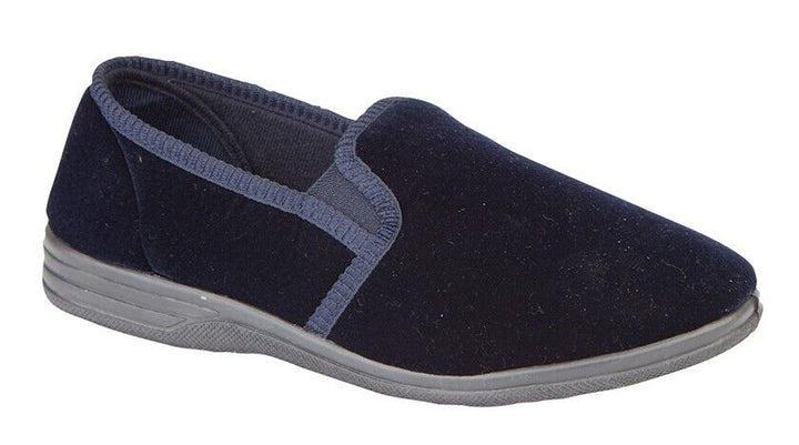 Zedzzz Ross Mens Navy Blue Velour Twin Gusset Comfort Slipper Shoes With Back