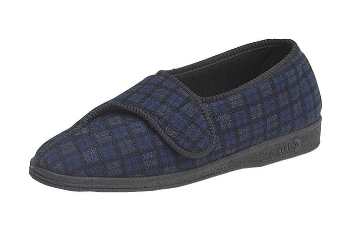 Comfylux Paul Mens WIDE FIT Blue Check Washable Open Out Slippers With Strap