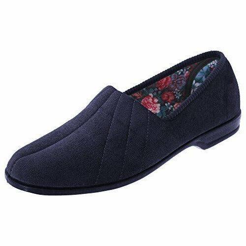 Sleepers Audrey Womens Navy Soft Warm Comfy Slip On Velour Roll Top Wide E Fitting Slippers With Removable Insoles