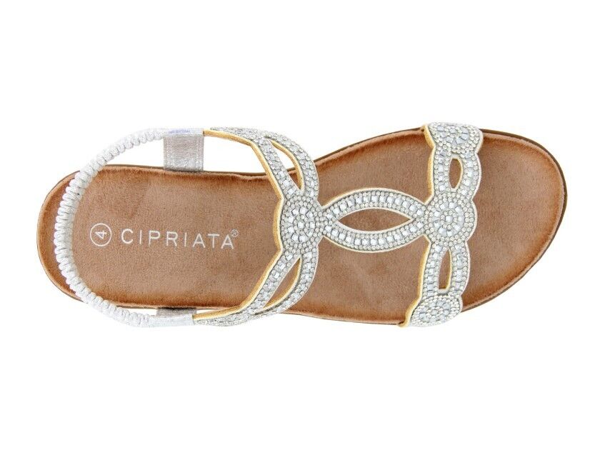 CIPRIATA L519 Ladies Light Silver Jewelled Elasticated Strap Slingback Sandals