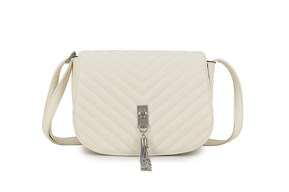 Long & Son Ladies Cream Handbag Crossbody With Flap Adjustable Strap Tassel