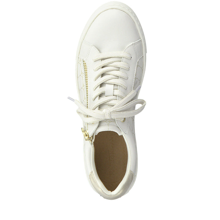 Tamaris 23313 Vegan Ladies Cream Gold Lace Up Trainers With Zip Lightweight Athleisure