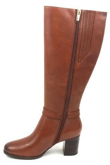 Tamaris 25551 Ladies Cognac Tan Leather Logo Buckle Zip Up Mid Heel Knee High Boots