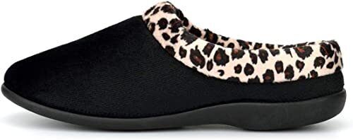 Sleepers LS801 Ladies Black Velour With Leopard Print Trim Memory Foam Mule Slippers