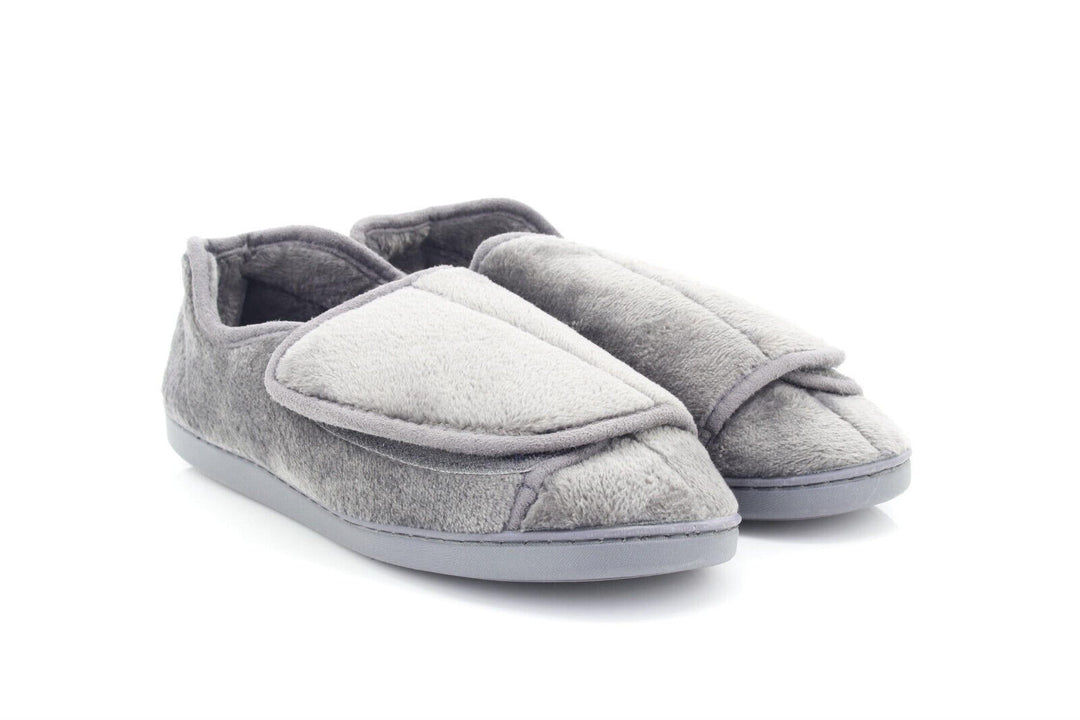 Dr Keller Ladies Grey Wide Fitting Faux Fur Touch Fasten Slippers Dr Velvit