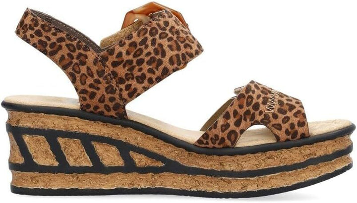 Rieker 68716 Ladies Brown Leopard Touch Fasten Mid Wedge Slingback Sandals