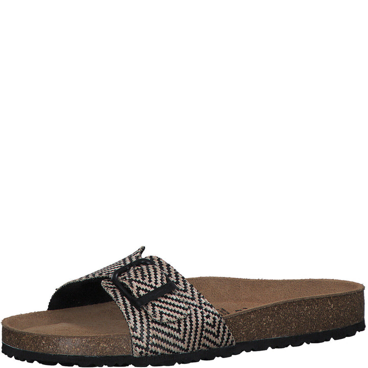 Tamaris 27520 Womens Black/ Beige Aztec Design Slider Mules Buckle Wedge Flip Flop Sandals