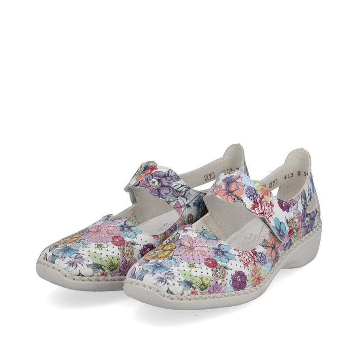 Rieker 413J2 Ladies Multi Floral Perforated Leather Mary Jane Wide Comfort Shoes