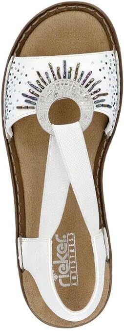 Rieker 60880 Ladies White Slip On Slingback Low Wedge Sandals Beads Disc Design