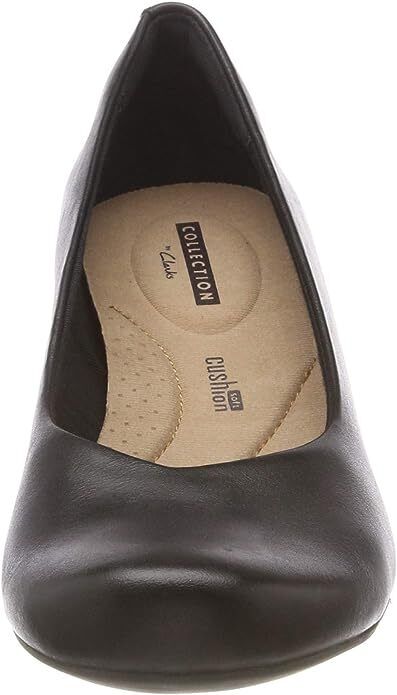 Clarks Flores Tulip Ladies Black Leather Slip On Cushioned Wedge Heel Court Shoe