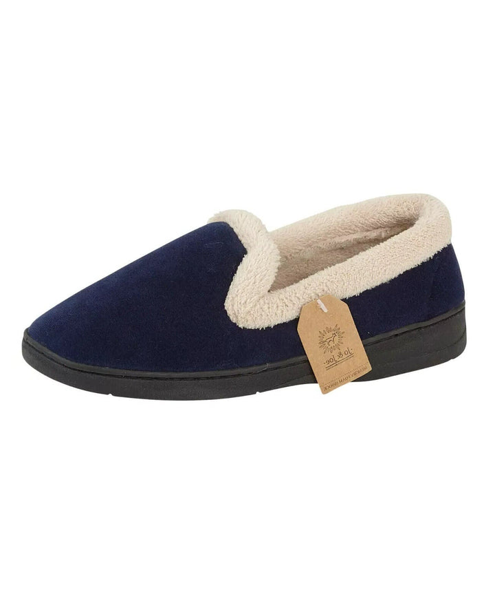 Jo & Joe Cashmere Ladies Light Weight Navy Blue Soft Velour Warm Lined Fleece Trim Hard Sole Slippers