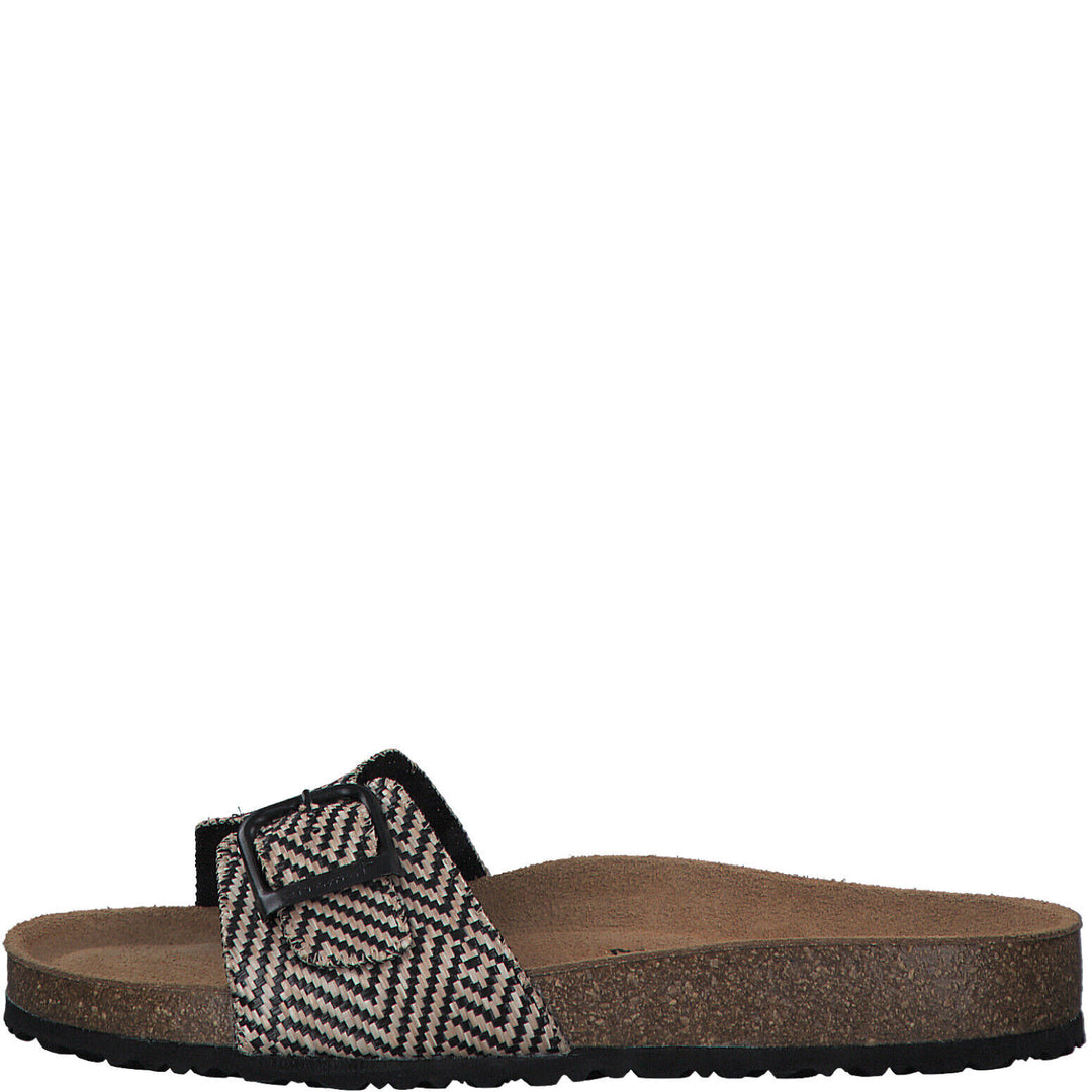 Tamaris 27520 Womens Black/ Beige Aztec Design Slider Mules Buckle Wedge Flip Flop Sandals