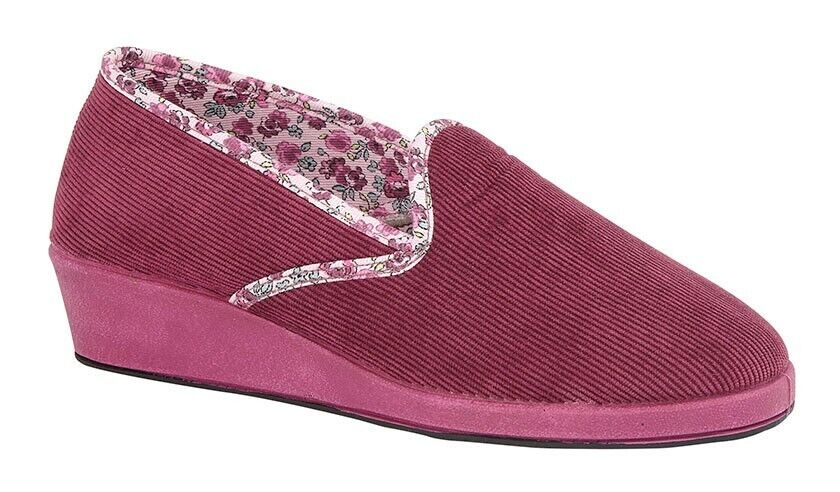 Sleepers LS378 Edna Ladies Pink Cord Wedge Slippers With Floral Trim & Memory Foam Insoles