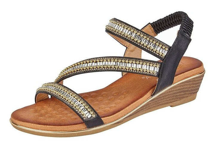 CIPRIATA Divina L723 Ladies Black Jewelled 3 Strap Elasticated Slingback Sandals