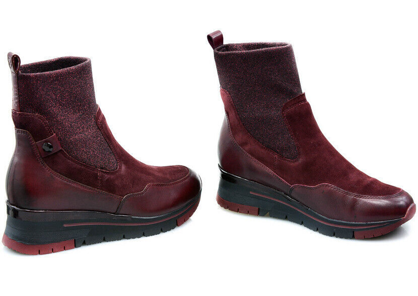 Tamaris 25409 Bordeaux Red Suede Leather Elastic Collar Platform Chelsea Boots