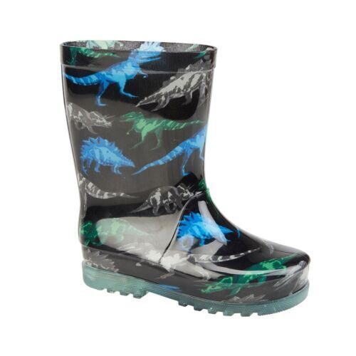 Kids Waterproof Wellies Black Dinosaur Design With Flashing LED Lights